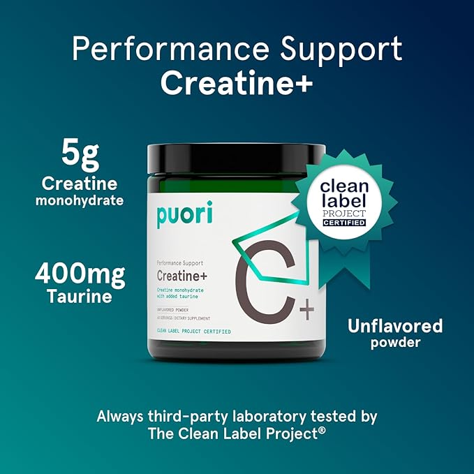Puori Creatine Monohydrate Powder with Taurine - Unflavored Creatine Powder, Pre-Workout Supplement