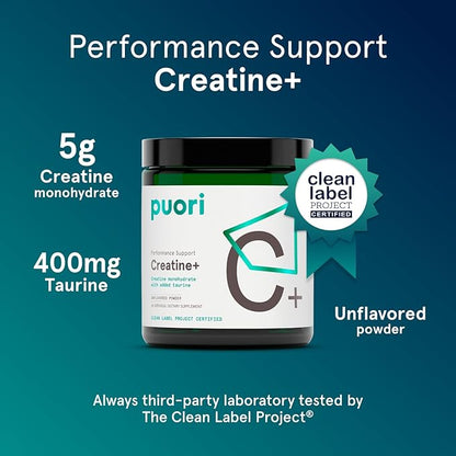 Puori Creatine Monohydrate Powder with Taurine - Unflavored Creatine Powder, Pre-Workout Supplement