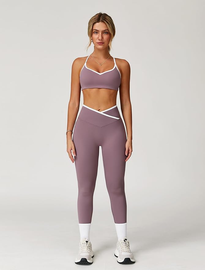 ABOCIW Workout Sets for Women 2 Piece Color Block Strappy Sports Bra High Waist Leggings Gym Yoga