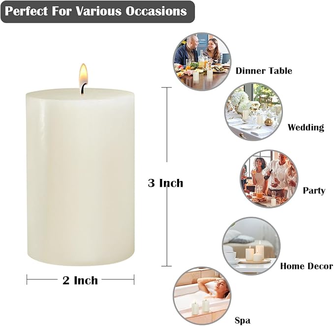 2x3 Inch Ivory Pillar Candles Small Unscented Dripless 24 Hours Column Candles for Dinner Table