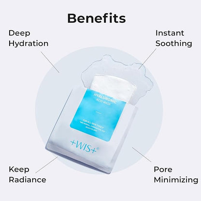'+WIS+ Hyaluronic Acid Face Mask 24 EA with Hyaluronic Acid Serum and Vitamin B5, Hydrating Facial