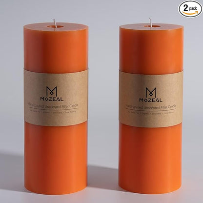 MOZEAL 4" x 10" Extra-Large Orange Pillar Candles (Set of 2), Unscented,Dripless, Smokeless,Long