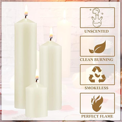 MTLEE Set of 72 Ivory Pillar Candles 2 x 3, 2 x 6, 2 x 8 Inch Smokeless and Dripless Unscented