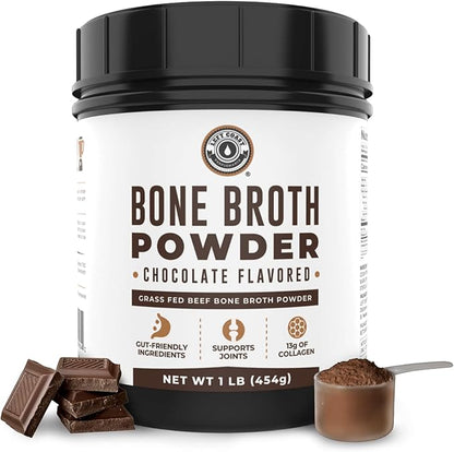 16oz Chocolate Bone Broth Protein Powder From Grass Fed Beef - Non-GMO Ingredients, Gut-Friendly