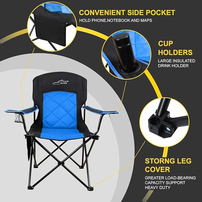 FAIR WIND Oversized Fully Padded Camping Chair, Heavy Duty Quad Fold Arm Chair Support 350 LBS with