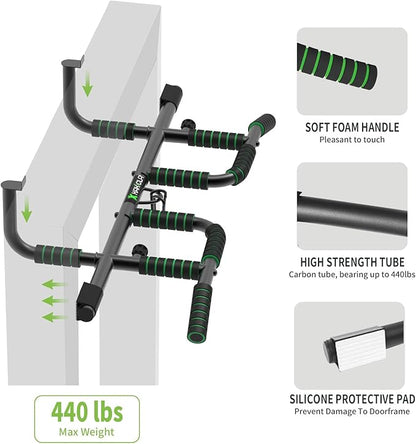 New Upgrade Pull Up Bar for Doorway with Ergonomic Grip - Upto 440 Lbs Capacity, No Screwing or