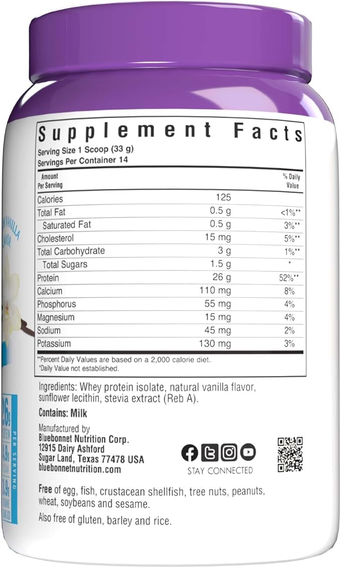 Bluebonnet Grass Fed Whey Protein Isolate 26 g Energy & Workout Recovery BCAA Amino Acids