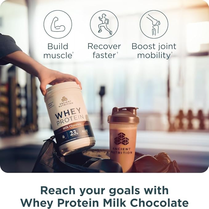 Ancient Nutrition Grass Fed Whey Protein, Milk Chocolate, 23g Protein, 20 Servings, Hydrolyzed