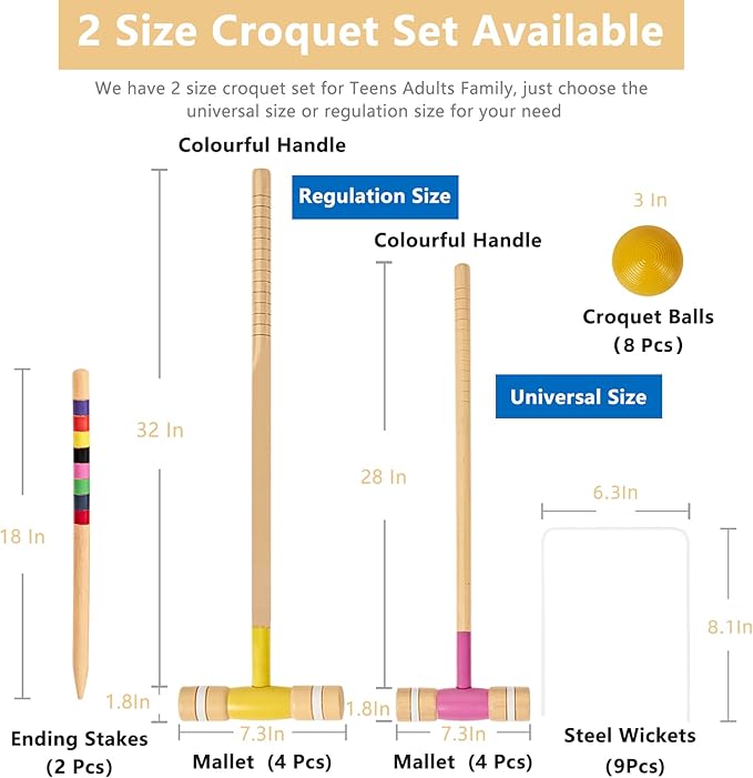 8 Players Croquet Set with 32In Regulation | 28In Standard Size Rubber Wood Mallets, Colored PE