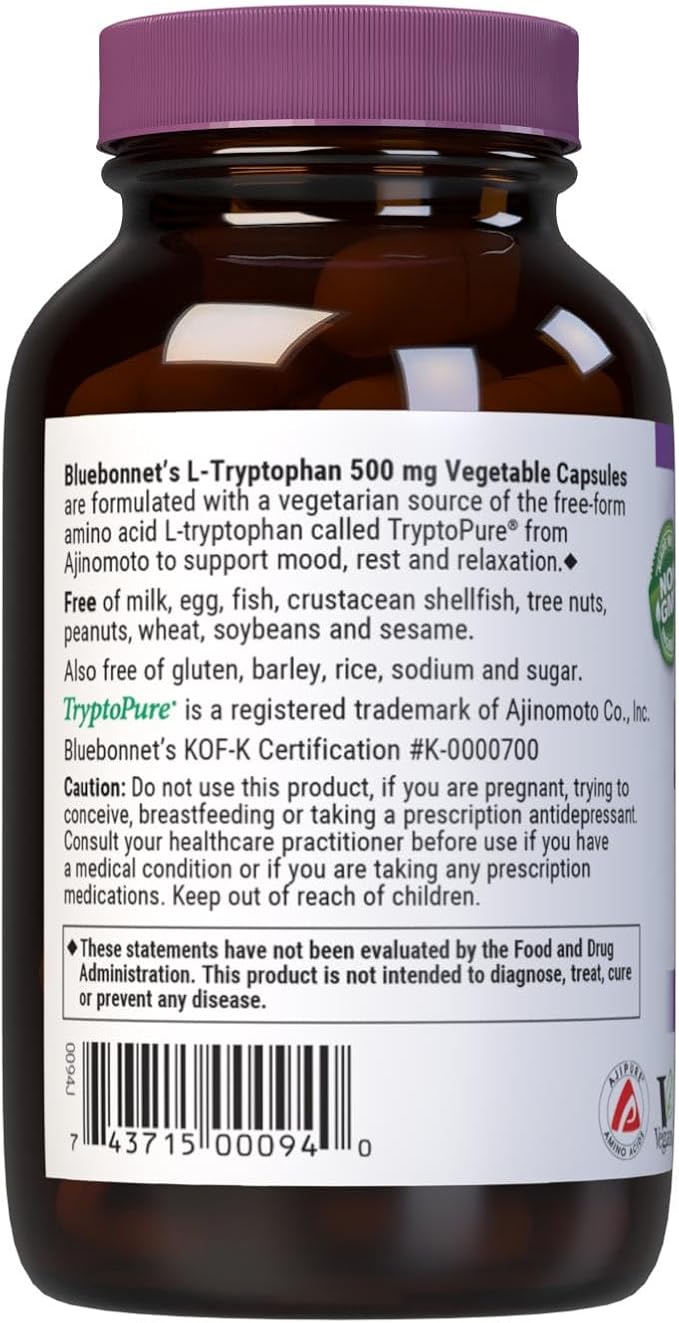 Bluebonnet Nutrition L-Trypotophan 500mg, for Neurotransmitting Support*, Supports Positive Mood*