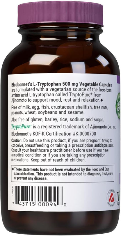 Bluebonnet Nutrition L-Trypotophan 500mg, for Neurotransmitting Support*, Supports Positive Mood*