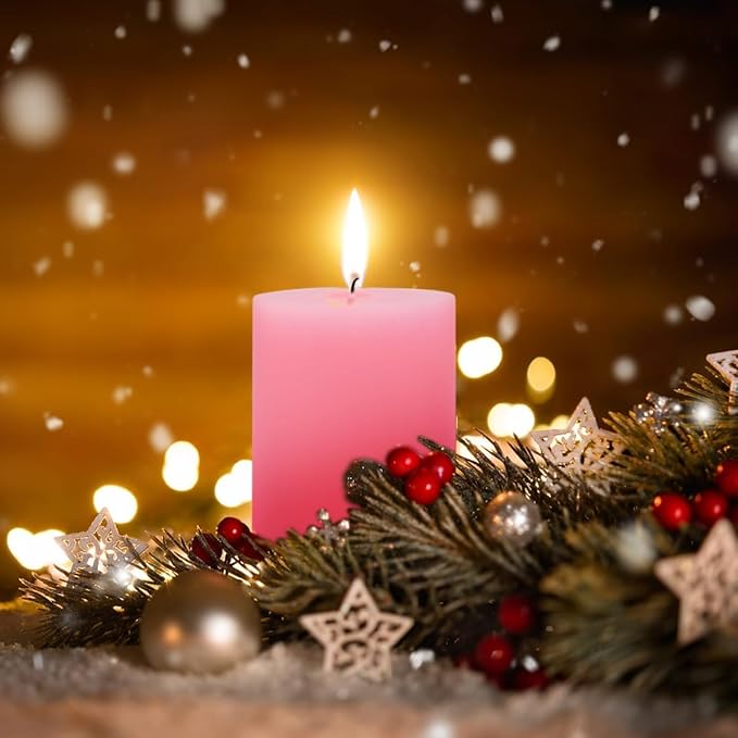 3 Packs Different Size 3x4, 3x6, 3x8 Inch Pink Pillar Candles, Unscented Non-Toxic Dripless