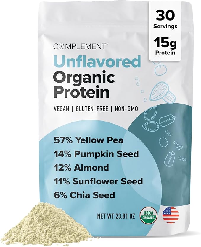 Complement Organic Unflavored Vegan Protein Powder (30 Servings) Low Carb, Low Calorie, Sugar Free