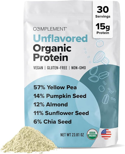 Complement Organic Unflavored Vegan Protein Powder (30 Servings) Low Carb, Low Calorie, Sugar Free