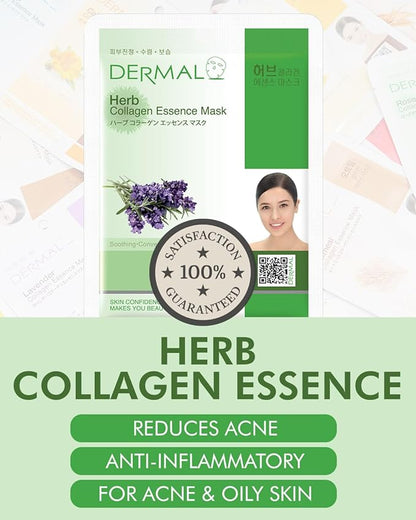 DERMAL Herb Collagen Essence Facial Mask Sheet 23g Pack of 10 - Skin Clear and Purifying, Pore