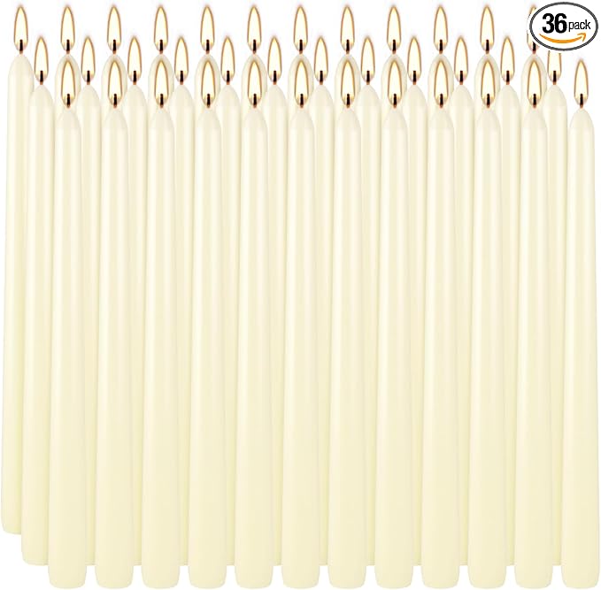 36 Pack Ivory White Taper Candles, 7-8 Hours Burn Time, Unscented, Smokeless and Dripless, 0.8 x 10