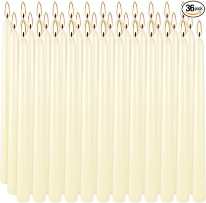 36 Pack Ivory White Taper Candles, 7-8 Hours Burn Time, Unscented, Smokeless and Dripless, 0.8 x 10