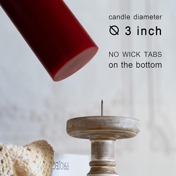 MOZEAL 3" x 8" Hand-Poured Unscented Candles,Large Dark Red Pillar Candles Set of 2,No Drip,Approx