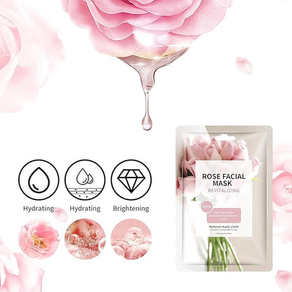10 Sheets Face Masks Skincare for All Skin Types, Rose Hydrating Face Sheet Masks Suitable for