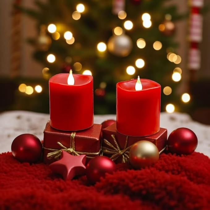 Red Flameless LED Candles 3 inch Diameter Real Wax 2AA Battery Operated 600hr+ Flickering Candles