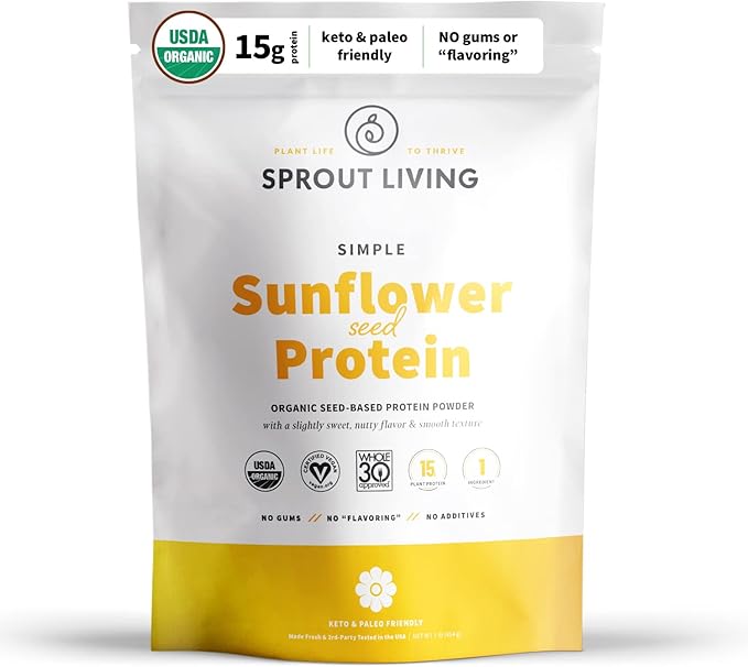 Sprout Living Simple Sunflower Seed Protein Powder, 15 Grams Organic Plant Based Protein Powder