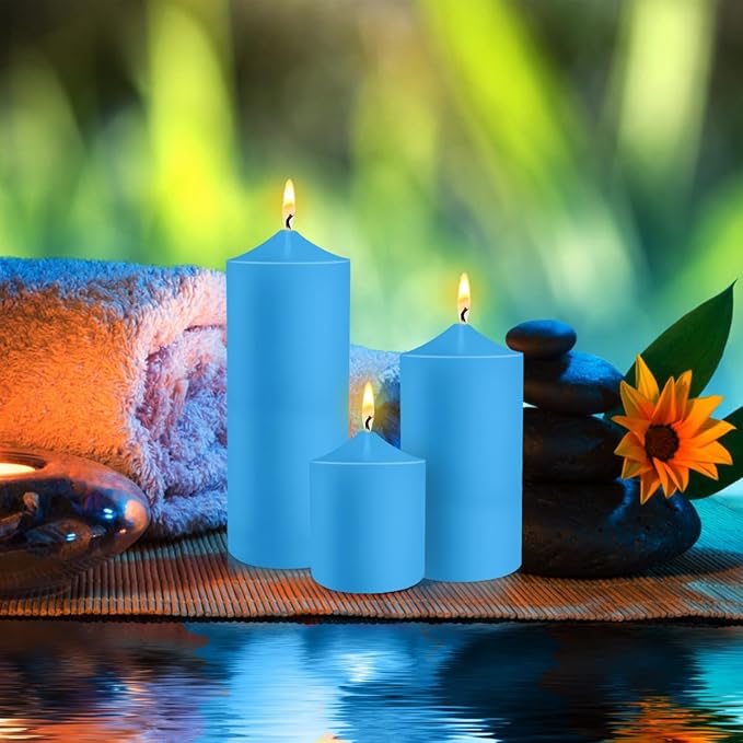 Pillar Candles 3 x 4, 6, and 8 inches, Large Handmade Candles Set of 3, Blue Decorative Candles for