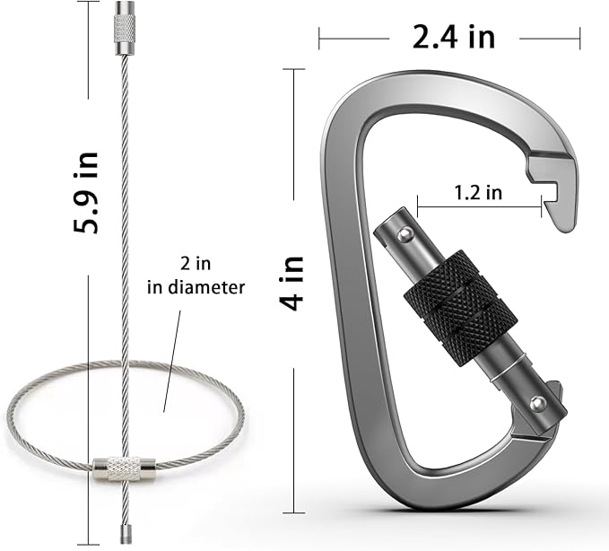 Premium Aluminum D Ring 4" Locking Carabiner Clips with Screw Gate, Set of 4, Lightweight & Durable