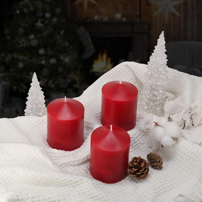 3x4 Inch Red Pillar Candles, 3 Packs Unscented Smokeless Dripless Cylinder Candles for Christmas
