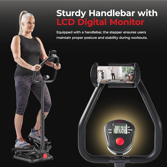 Sunny Health & Fitness Twist Stepper with Handlebar, Stair Step Machine for Cardio Workout, Compact