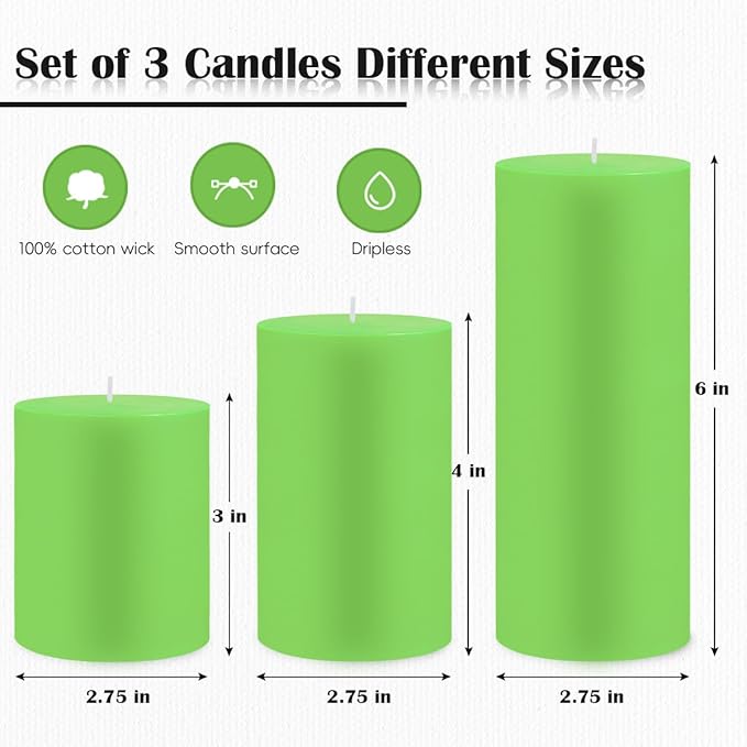 Set of 3 Different Size Light Green Pillar Candles, Unscented Dripless 2.75x3, 2.75x4, 2.75x6 Inch
