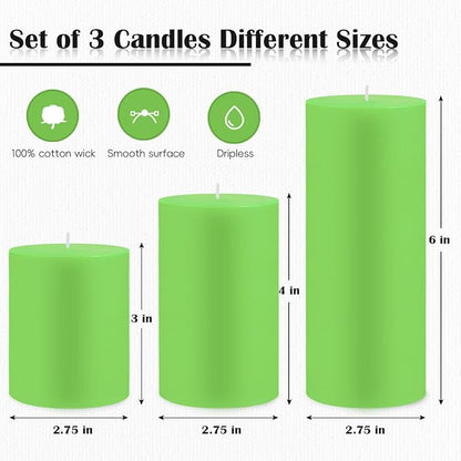 Set of 3 Different Size Light Green Pillar Candles, Unscented Dripless 2.75x3, 2.75x4, 2.75x6 Inch