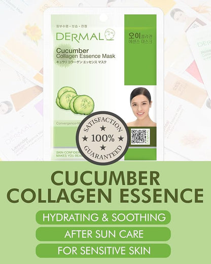 DERMAL Cucumber Collagen Essence Facial Mask Sheet 23g Pack of 10 - Soothing & Moisturizing