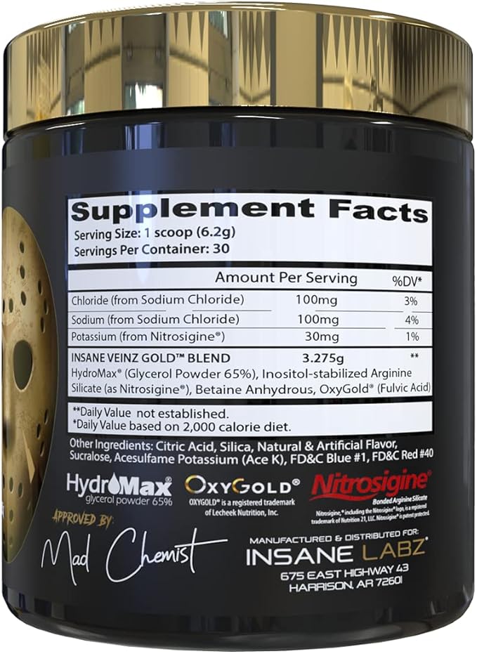 Insane Labz Insane Veinz Gold, Nitric Oxide Non Stimulant pre Workout Powder, Loaded with Hydromax