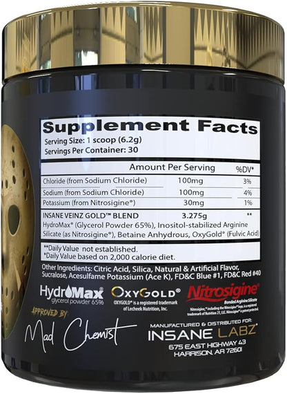 Insane Labz Insane Veinz Gold, Nitric Oxide Non Stimulant pre Workout Powder, Loaded with Hydromax