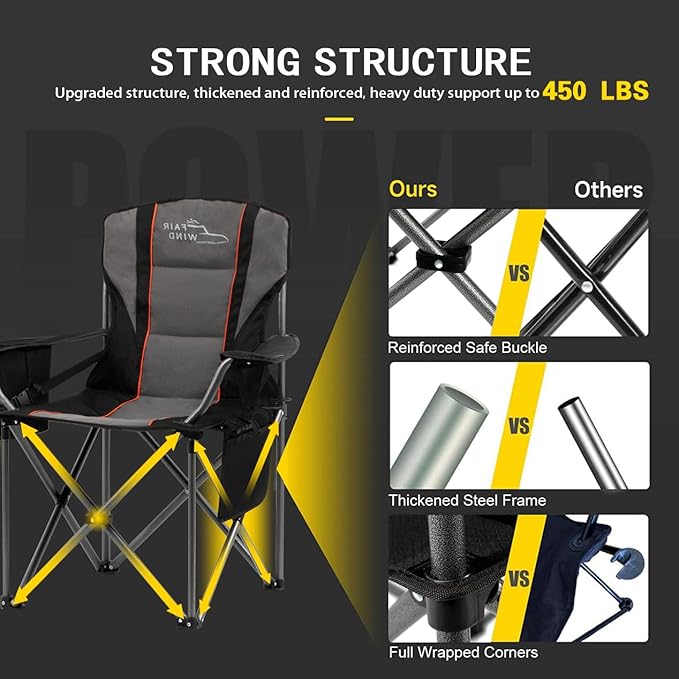 FAIR WIND Oversized Fully Padded Camping Chair with Lumbar Support, Heavy Duty Quad Fold Chair with
