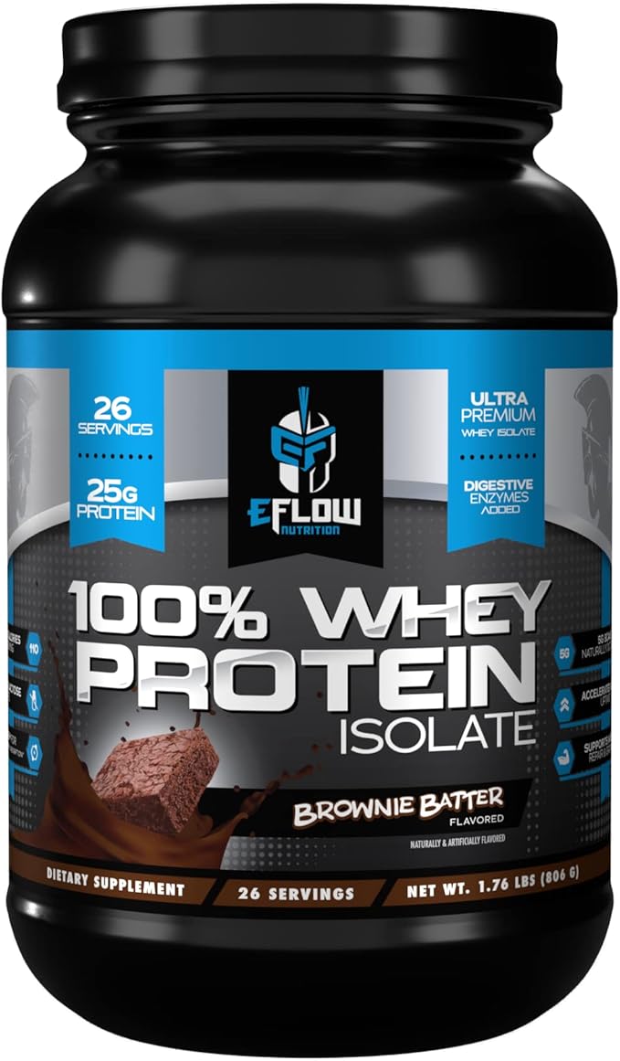 eFlow Nutrition 100% Whey Protein Isolate - Gluten & Lactose-Free Digestive Enzymes Added, Low