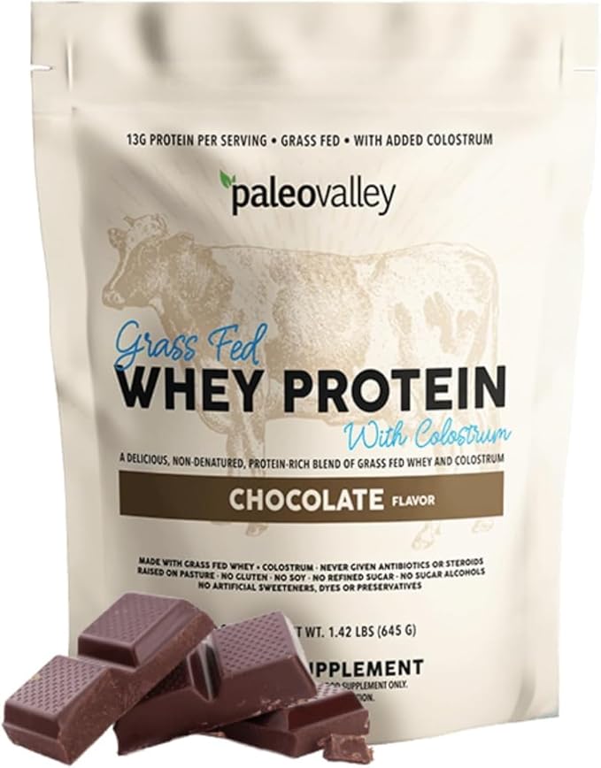 Paleovalley 100% Grassfed Whey Protein Powder with Colostrum, 13g Protein, Chocolate, Muscle