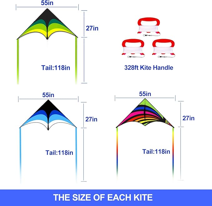 3 Pack Delta Kite Set for Adults and Kids, Single Line Beach Kites for Boys & Girls, Three Handle