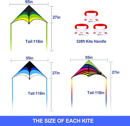 3 Pack Delta Kite Set for Adults and Kids, Single Line Beach Kites for Boys & Girls, Three Handle