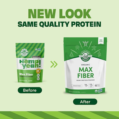 Manitoba Harvest Hemp Yeah Organic Max Fiber Protein Powder, Unsweetened, 32oz, with 13g of Fiber