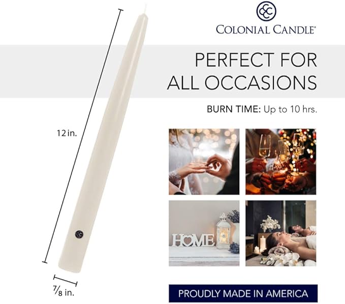 Colonial Candle Unscented Taper Candle, Handipt Collection, Ivory, 12 In, Pack of 12 - Up to 10