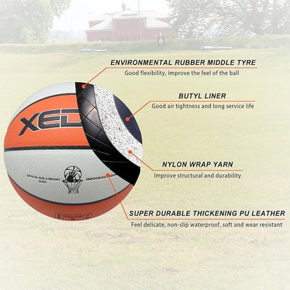 XEDGE Basketball 28.5” Size 6 Indoor Outdoor Leather Basketball Set