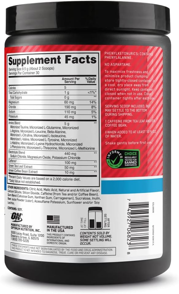 Optimum Nutrition Amino Energy Powder Plus Hydration, with BCAA, Electrolytes, and Caffeine