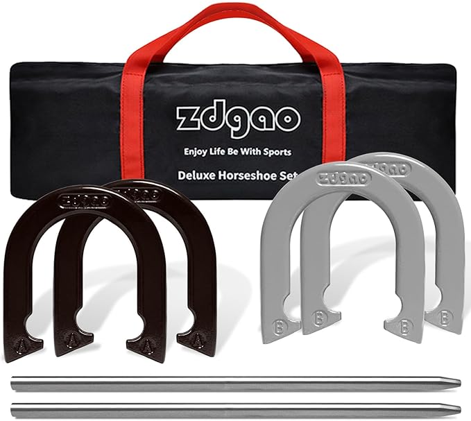 Horseshoes Outside Game Set-Portable Outdoor Horseshoe Set Includes 4 Professional Solid Steel