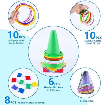 OBTANIM 26 Pcs Plastic Colorful Cones Ring Toss Combo Set Outdoor Carnival Games for Kids Adults