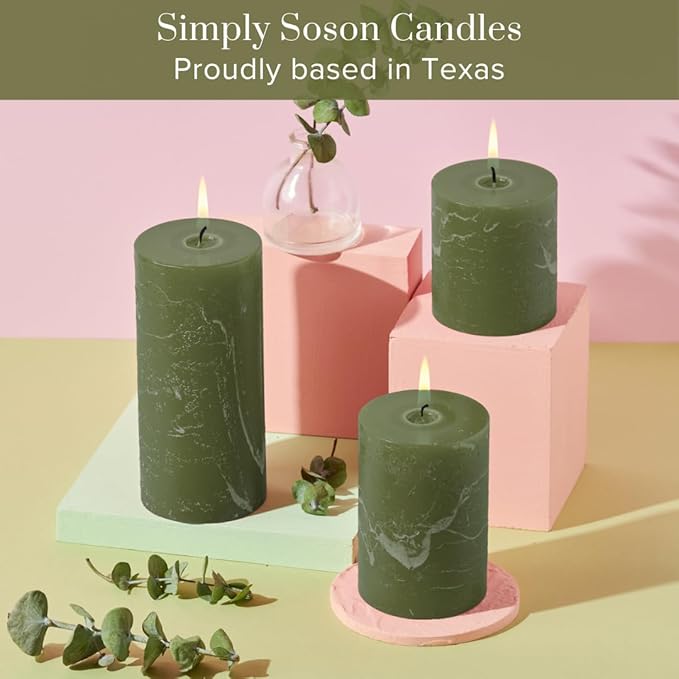 Simply Soson 3x6 inch Dark Moss Green Pillar Candles Set of 3, Rustic Texture, Unscented Green