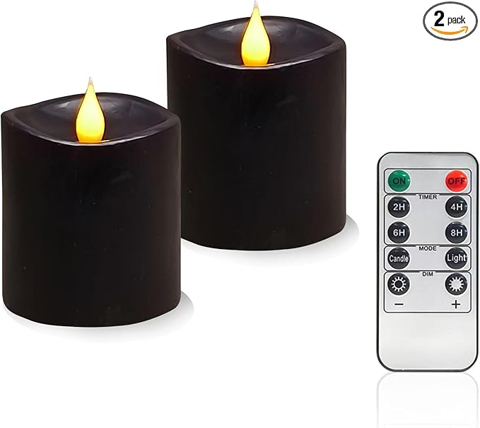 Black Flameless LED Candles 3 inch Diameter Real Wax 2AA Battery Operated 600hr+ Flickering Candles