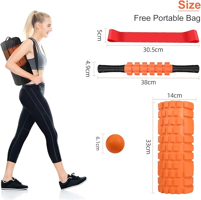 5 in 1 Foam Roller Set Includes Hollow Core Massage Roller, Yoga Stick, Massage Ball, Fitness