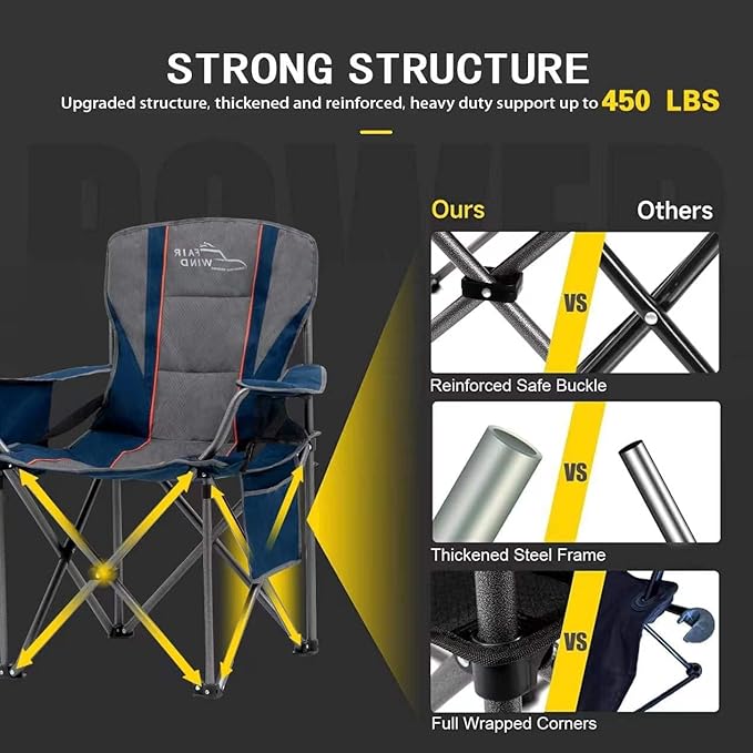 FAIR WIND 2 Pack Oversized Fully Padded Camping Chair with Lumbar Support, Heavy Duty Cooler Bag