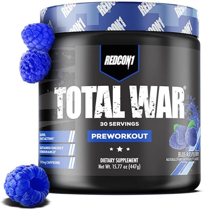 REDCON1 Total War Pre Workout, Blue Raspberry - Beta Alanine + Citrulline Malate Keto Friendly